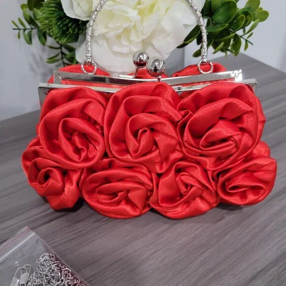 Elegant RED Satin Roses Clutch Purse Handbag w/ Rhinestone Handle & Chain NEW - Picture 3 of 8